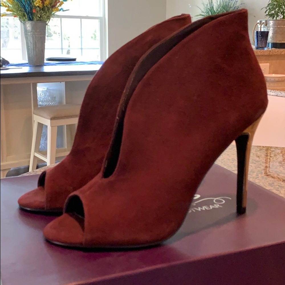 burgundy and gold peep toe heels